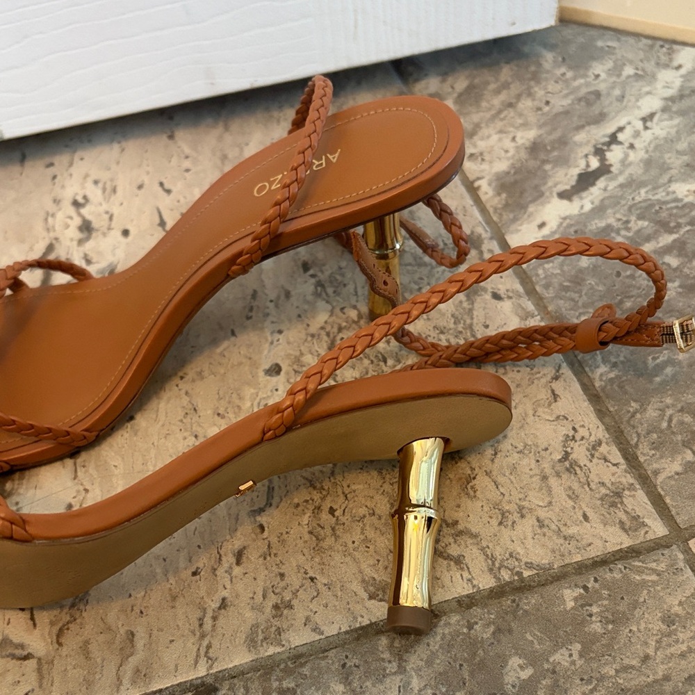 Arezzo Braided Strap Mid Heel Sandals in Tan - Picture 2 of 5